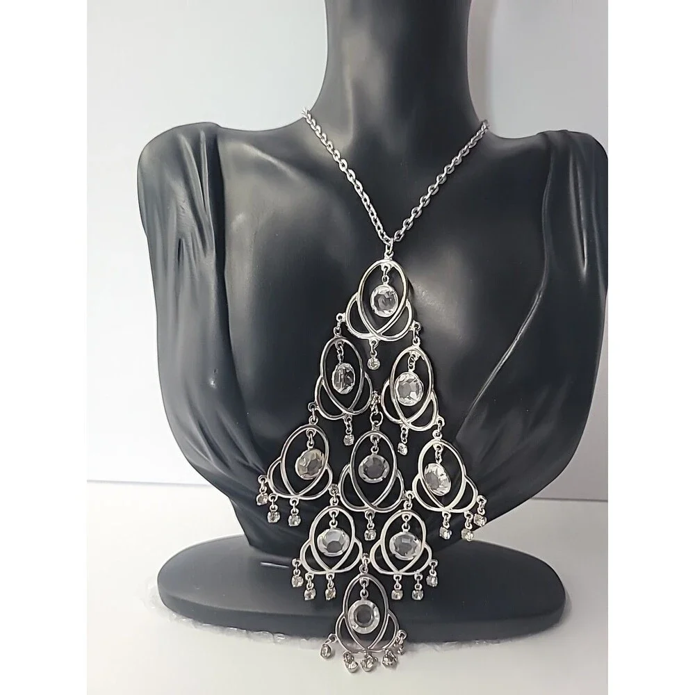 Silver‎ Tone Chandelier Necklace Clear Rhinestone Statement Dangle Bib Necklace